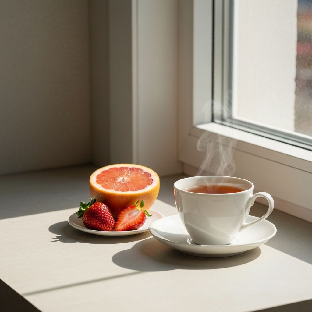 Čaj i svežo voće pored svetloga prozora