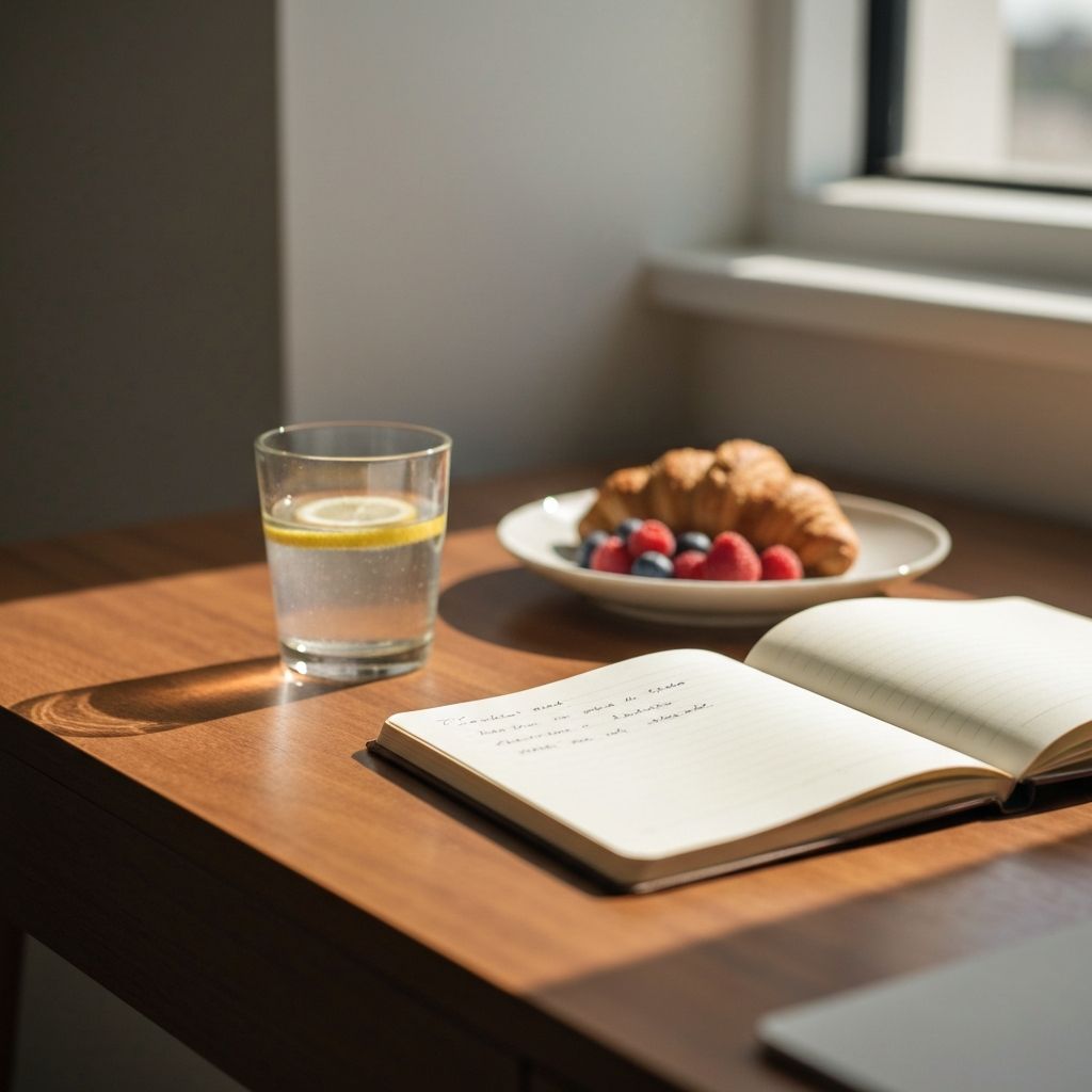 Doručak i bilješka na drvenom stolu sa jutarnjom svetlošću
