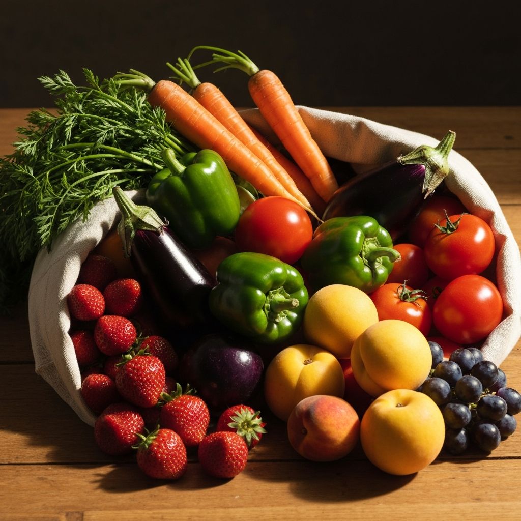 Svežo povrće i voće u platnenim torbi na drvenom stolu